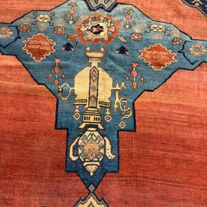 1860s Red Field Gallery Medallion Tortises Knotted Wool Antique Bijar Rug - detail view 3