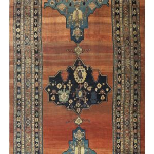 1860s Red Field Gallery Medallion Tortises Knotted Wool Antique Bijar Rug - detail view 4