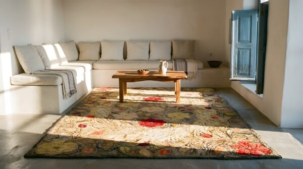 1880s beige floral classic folk art antique american hooked knotted wool rug 10 1880s beige floral classic folk art antique american hooked knotted wool rug (sku 25376) - room view