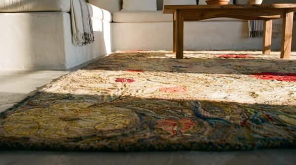 1880s beige floral classic folk art antique american hooked knotted wool rug 11 1880s beige floral classic folk art antique american hooked knotted wool rug (sku 25376) - in-room detail