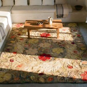 1880s Beige Floral Classic Folk Art Antique American Hooked Knotted Wool Rug (SKU 25376) - styled overhead view