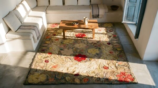 1880s beige floral classic folk art antique american hooked knotted wool rug 2 1880s beige floral classic folk art antique american hooked knotted wool rug (sku 25376) - styled overhead view