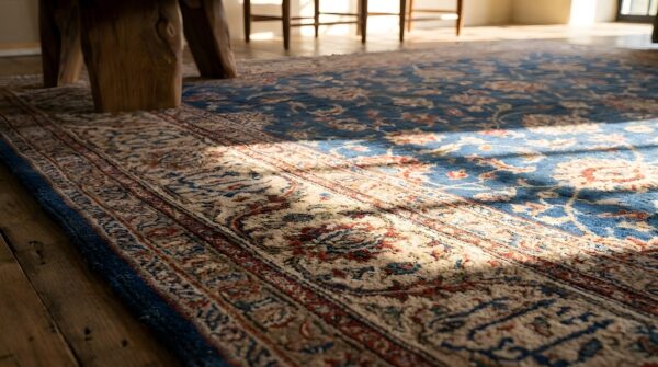 1880s blue hand knotted pile rectangle antique wool allover floral rug 11 1880s blue hand knotted pile rectangle antique wool allover floral rug (sku 22780) - in-room detail