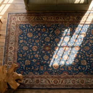 1880s Blue Hand Knotted Pile Rectangle Antique Wool Allover Floral Rug (SKU 22780) - styled overhead view