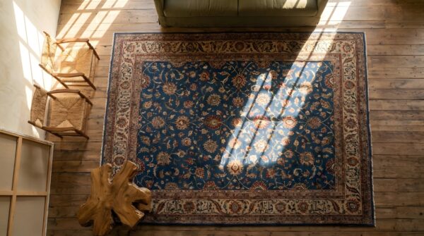 1880s blue hand knotted pile rectangle antique wool allover floral rug 2 1880s blue hand knotted pile rectangle antique wool allover floral rug (sku 22780) - styled overhead view