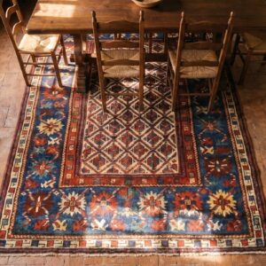 1880s Hand Knotted Pile Caucasian Wool Allover Geometric Ivory Beige Cream White Antique Rug (SKU 19960) - styled overhead view
