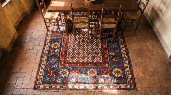 1880s hand knotted pile caucasian wool allover geometric ivory beige cream white antique rug (sku 19960) - styled overhead view