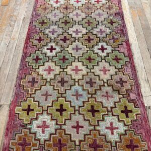 1880s Multicolor Field Cross Folk Art Antique American Knotted Wool Hooked Rug - detail view 1