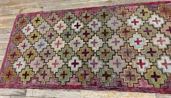 1880s multicolor field cross folk art antique american knotted wool hooked rug 4 1880s multicolor field cross folk art antique american knotted wool hooked rug - detail view 3