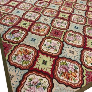 1880s Multicolor Floral Classical Antique European Needelpoint Wool Square Rug - detail view 1