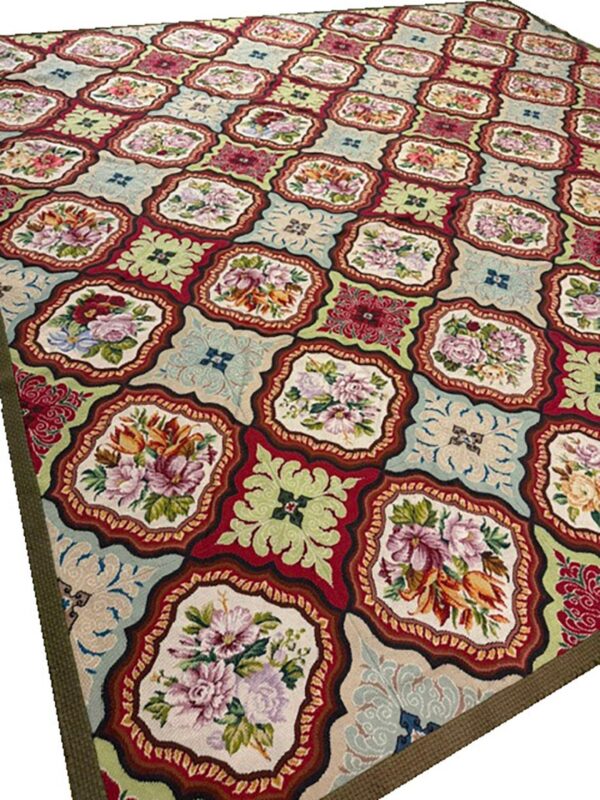 1880s multicolor floral classical antique european needelpoint wool square rug 2 1880s multicolor floral classical antique european needelpoint wool square rug - detail view 1