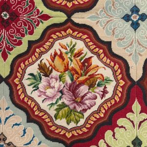 1880s Multicolor Floral Classical Antique European Needelpoint Wool Square Rug - detail view 2