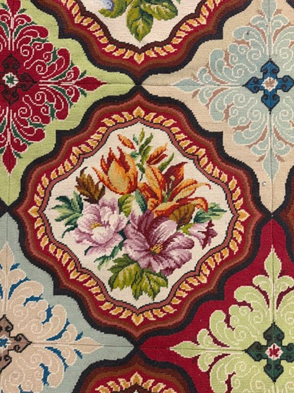 1880s multicolor floral classical antique european needelpoint wool square rug 3 1880s multicolor floral classical antique european needelpoint wool square rug - detail view 2