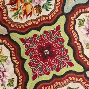 1880s Multicolor Floral Classical Antique European Needelpoint Wool Square Rug - detail view 3