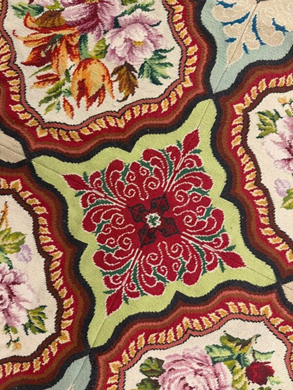 1880s multicolor floral classical antique european needelpoint wool square rug 4 1880s multicolor floral classical antique european needelpoint wool square rug - detail view 3