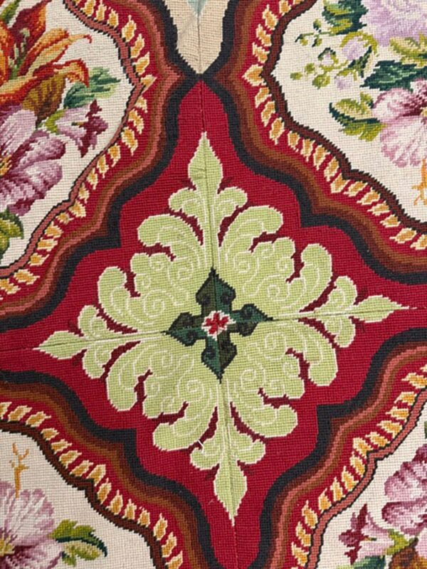 1880s multicolor floral classical antique european needelpoint wool square rug 5 1880s multicolor floral classical antique european needelpoint wool square rug - detail view 4