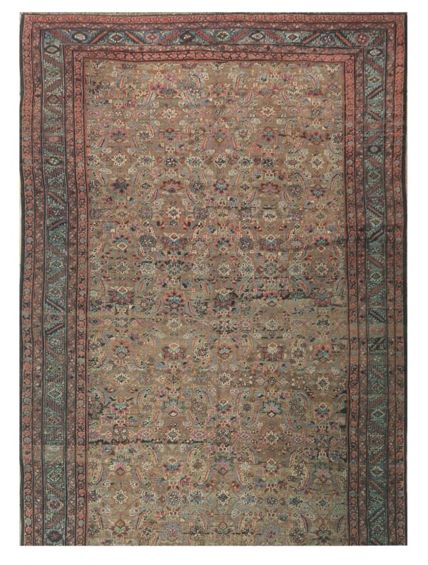 1880s rustic camel geometric antique bakshaiesh handknotted wool gallery rug 2 1880s rustic camel geometric antique bakshaiesh handknotted wool gallery rug - detail view 1