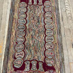 1880s Small Multi Geometric Folk Art Antique American Knotted Wool Hooked Rug - detail view 1