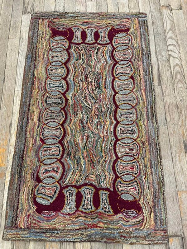 1880s small multi geometric folk art antique american knotted wool hooked rug 2 1880s small multi geometric folk art antique american knotted wool hooked rug - detail view 1