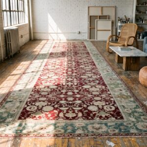 1880s Traditional Deep Red Green Antique Indian Agra Gallery Rug 8'x27'2" Carpet (SKU 23064) - room view