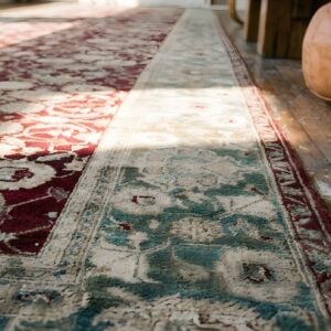 1880s Traditional Deep Red Green Antique Indian Agra Gallery Rug 8'x27'2" Carpet (SKU 23064) - in-room detail