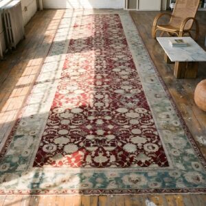 1880s Traditional Deep Red Green Antique Indian Agra Gallery Rug 8'x27'2" Carpet (SKU 23064) - styled overhead view