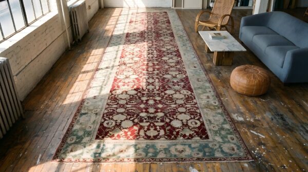1880s traditional deep red green antique indian agra gallery rug 8'x27'2" carpet 2 1880s traditional deep red green antique indian agra gallery rug 8'x27'2" carpet (sku 23064) - styled overhead view