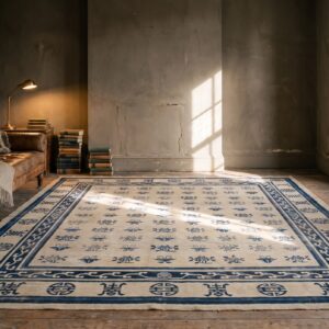 1890s Antique Allover Floral Rectangle Hand Knotted Pile Ivory Beige Cream White Wool Rug (SKU 21325) - room view