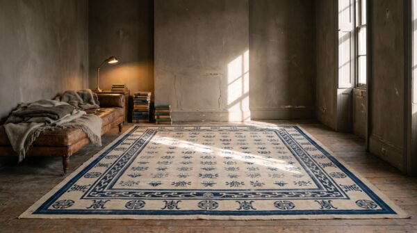 1890s antique allover floral rectangle hand knotted pile ivory beige cream white wool rug (sku 21325) - room view