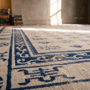 1890s Antique Allover Floral Rectangle Hand Knotted Pile Ivory Beige Cream White Wool Rug (SKU 21325) - in-room detail