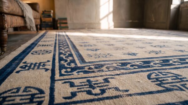 1890s antique allover floral rectangle hand knotted pile ivory beige cream white wool rug (sku 21325) - in-room detail