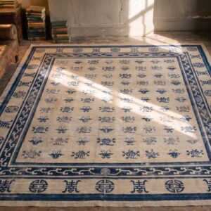 1890s Antique Allover Floral Rectangle Hand Knotted Pile Ivory Beige Cream White Wool Rug (SKU 21325) - styled overhead view