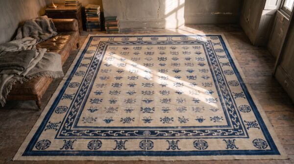 1890s antique allover floral rectangle hand knotted pile ivory beige cream white wool rug (sku 21325) - styled overhead view
