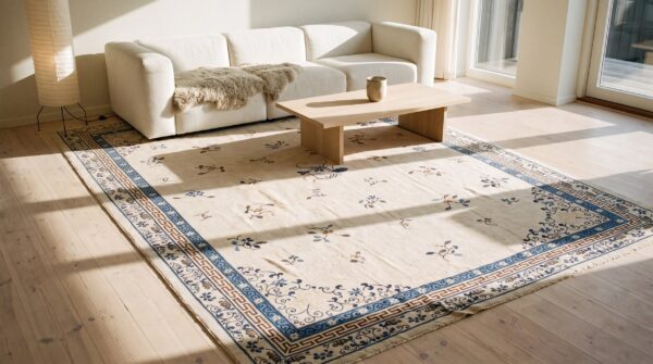 Wool hand knotted pile antique 1890s allover floral rectangle large ivory beige cream white rug (sku 23462) - room view