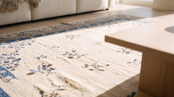 Wool hand knotted pile antique 1890s allover floral rectangle large ivory beige cream white rug (sku 23462) - in-room detail