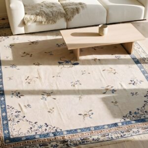 Wool Hand Knotted Pile Antique 1890s Allover Floral Rectangle Large Ivory Beige Cream White Rug (SKU 23462) - styled overhead view