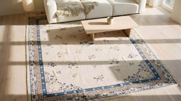 Wool hand knotted pile antique 1890s allover floral rectangle large ivory beige cream white rug (sku 23462) - styled overhead view