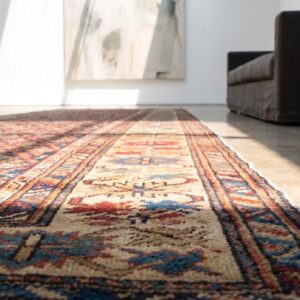 1890s Antique Wool Allover Geometric Blue Hand Knotted Hallway Runner Rug (SKU 18714) - in-room detail