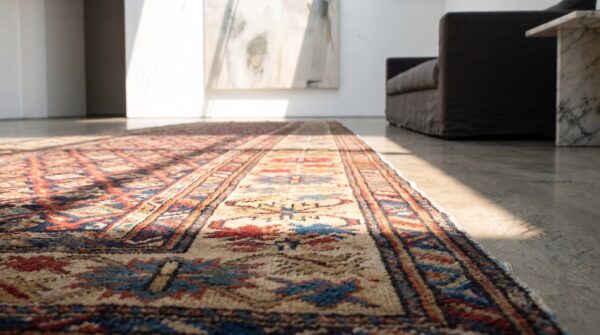 1890s antique wool allover geometric blue hand knotted hallway runner rug 9 1890s antique wool allover geometric blue hand knotted hallway runner rug (sku 18714) - in-room detail