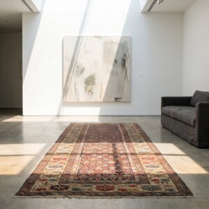 1890s Antique Wool Allover Geometric Blue Hand Knotted Hallway Runner Rug (SKU 18714) - styled overhead view