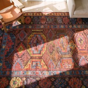 Wool Antique 1890s Allover Geometric Persian Brown Earth Tone Kurdish Hand Knotted Pile Rug (SKU 21437) - styled overhead view