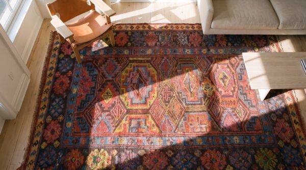 Wool antique 1890s allover geometric persian brown earth tone kurdish hand knotted pile rug 2 Wool antique 1890s allover geometric persian brown earth tone kurdish hand knotted pile rug (sku 21437) - styled overhead view