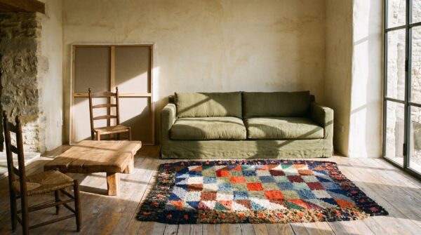 Antique 1890s american hooked multicolor wool square scatter rug (sku 20501) - room view