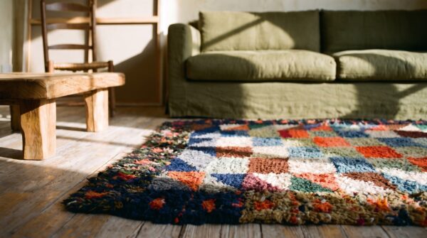 Antique 1890s american hooked multicolor wool square scatter rug (sku 20501) - in-room detail