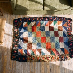 Antique 1890s American Hooked Multicolor Wool Square Scatter Rug (SKU 20501) - styled overhead view