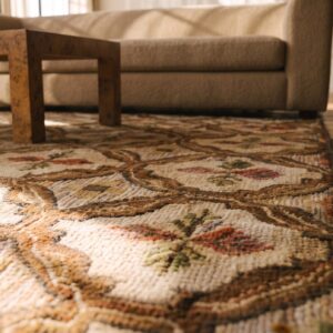 Antique 1890s American Ivory Hooked Wool Square Scatter Rug (SKU 20403) - in-room detail