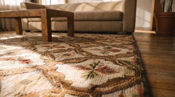 Antique 1890s american ivory hooked wool square scatter rug 10 Antique 1890s american ivory hooked wool square scatter rug (sku 20403) - in-room detail