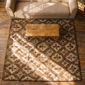 Antique 1890s American Ivory Hooked Wool Square Scatter Rug (SKU 20403) - styled overhead view