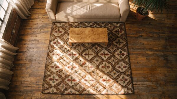 Antique 1890s american ivory hooked wool square scatter rug 2 Antique 1890s american ivory hooked wool square scatter rug (sku 20403) - styled overhead view