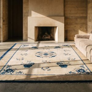 1890s Chinese Peking Ivory Rectangle Antique Room Size Wool Knotted Rug (SKU 22502) - room view